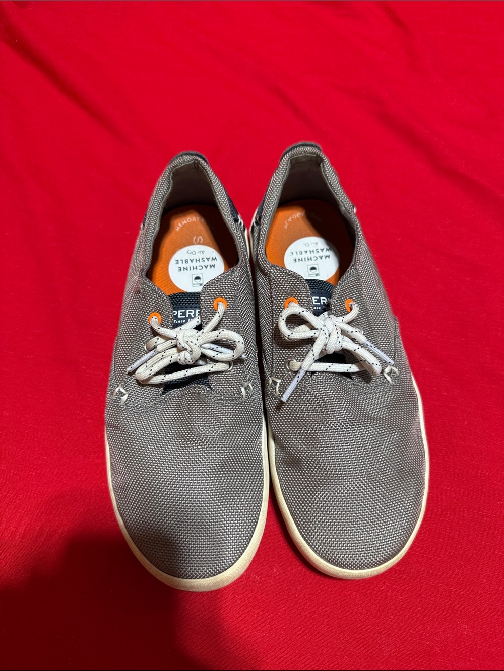 Sperry Gray Canvas Boat Shoes with White Laces